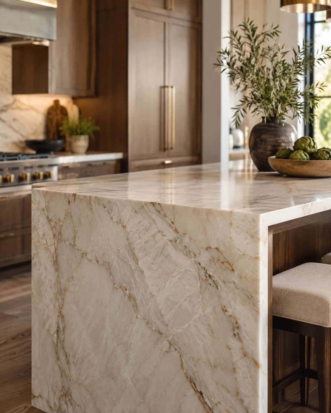 Cream quartzite waterfall countertop in a warm luxury kitchen